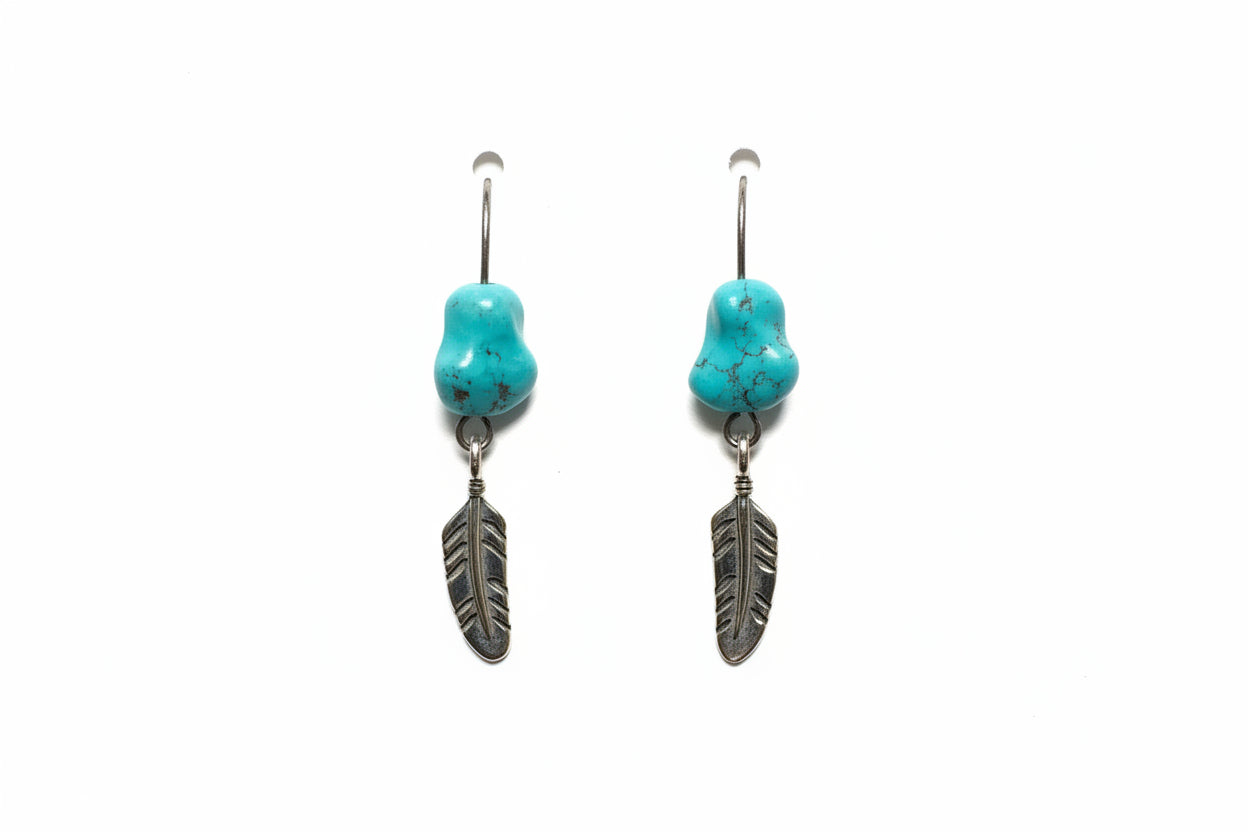 Two turquoise feather-shaped earrings on a white card with a blurred background.