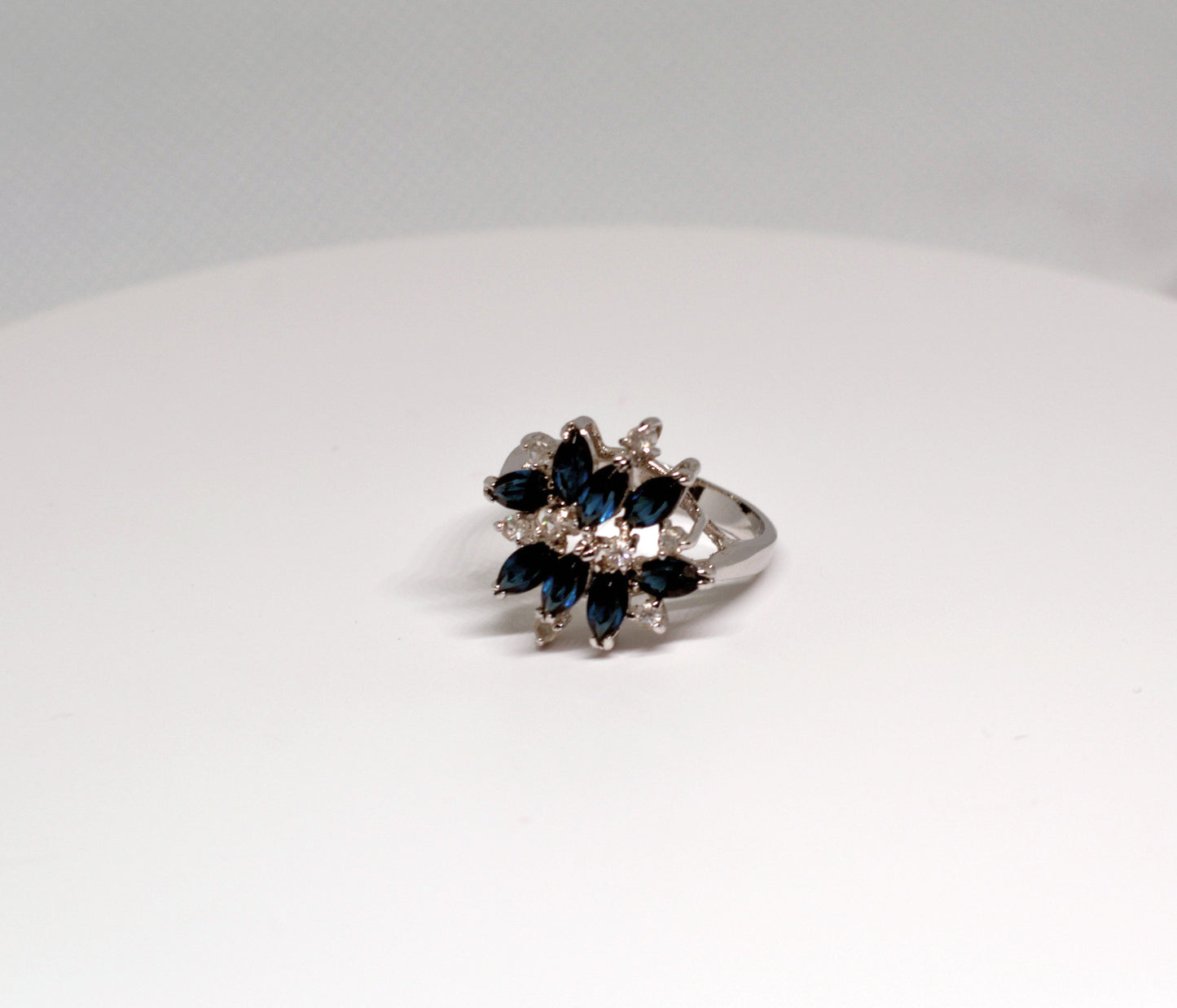 Blue Sapphire & Rhinestones Cluster Cocktail Ring