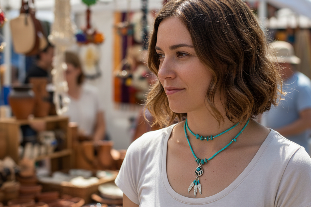 Woman with a necklace at an outdoor market
