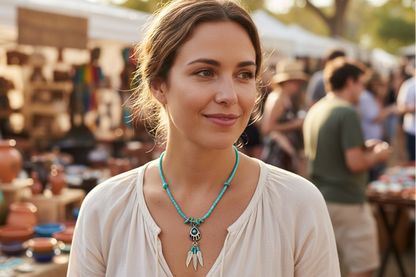 Woman wearing a turquoise necklace at an outdoor market