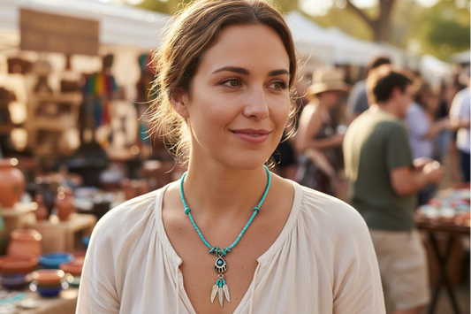Woman wearing a turquoise necklace at an outdoor market