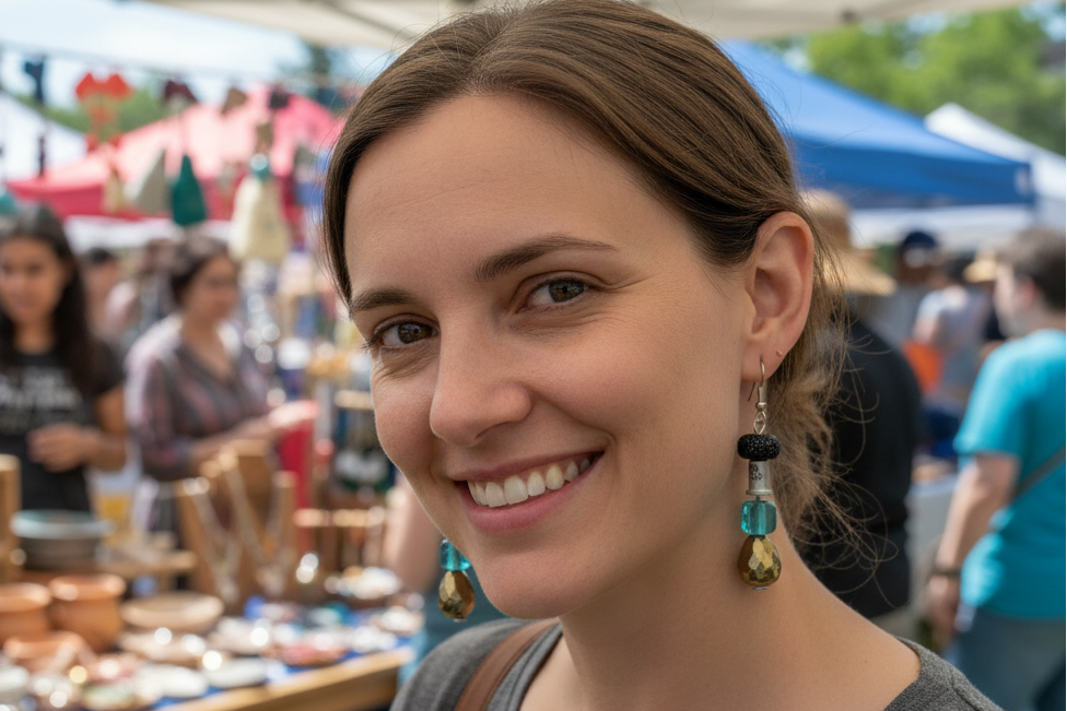 Woman smiling at a craft fair with booths and people in the background