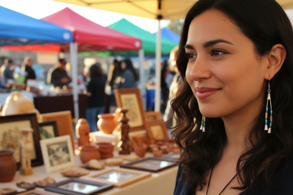 Pair of earrings with turquoise and beige beads on a black background
