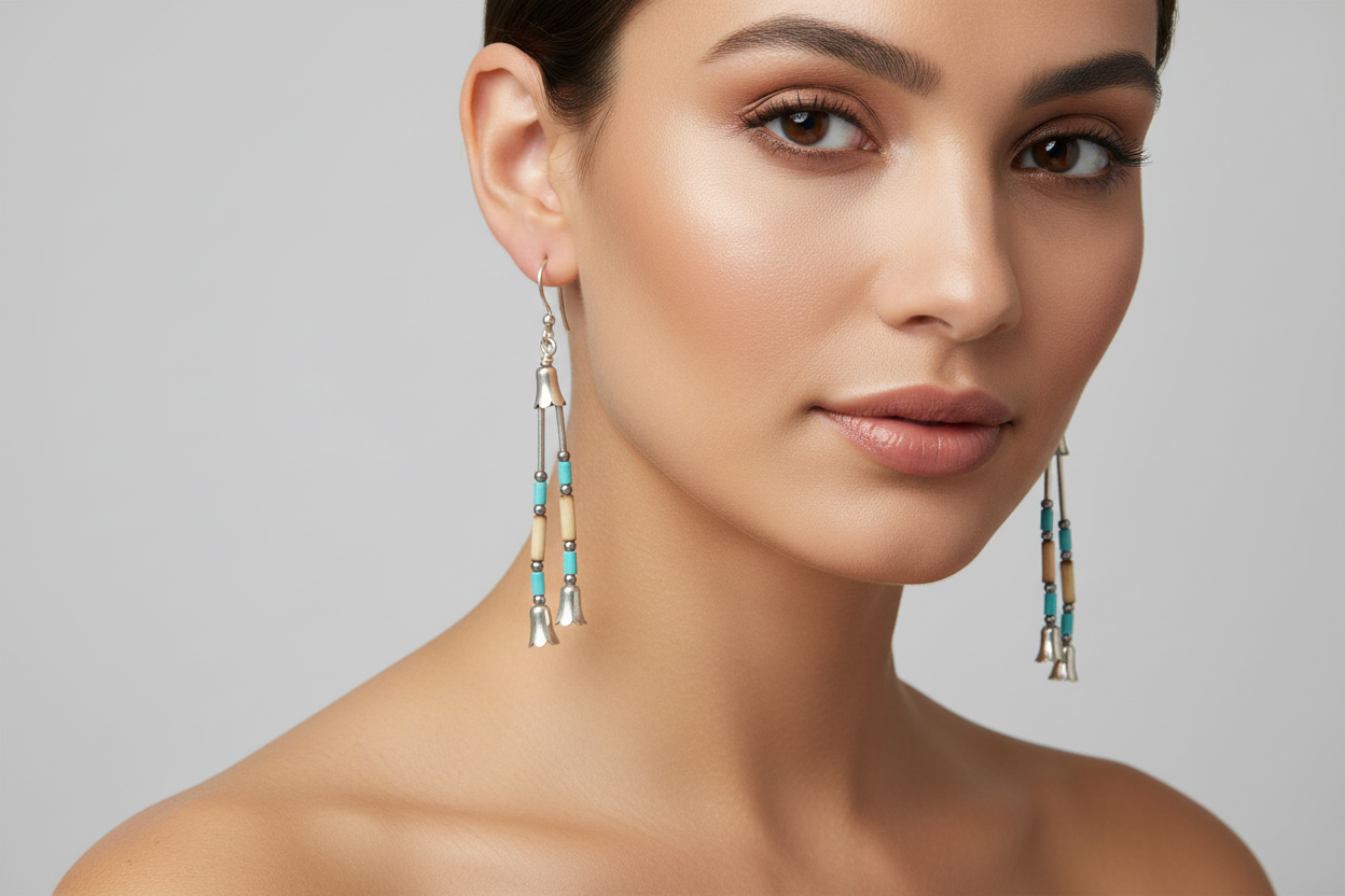 Woman wearing long, dangling earrings with a neutral background