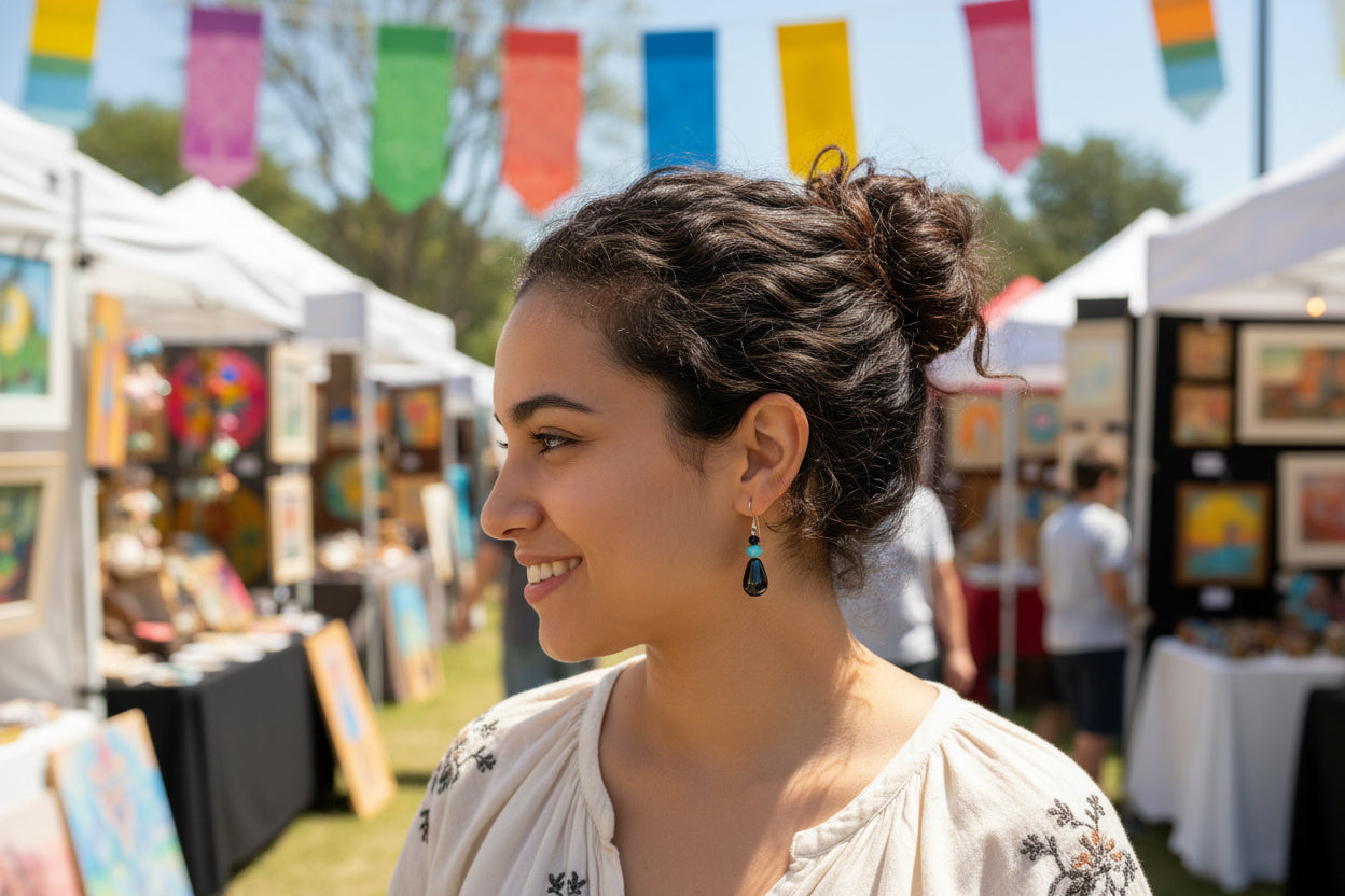 Pair of black beaded earrings on a light gray background