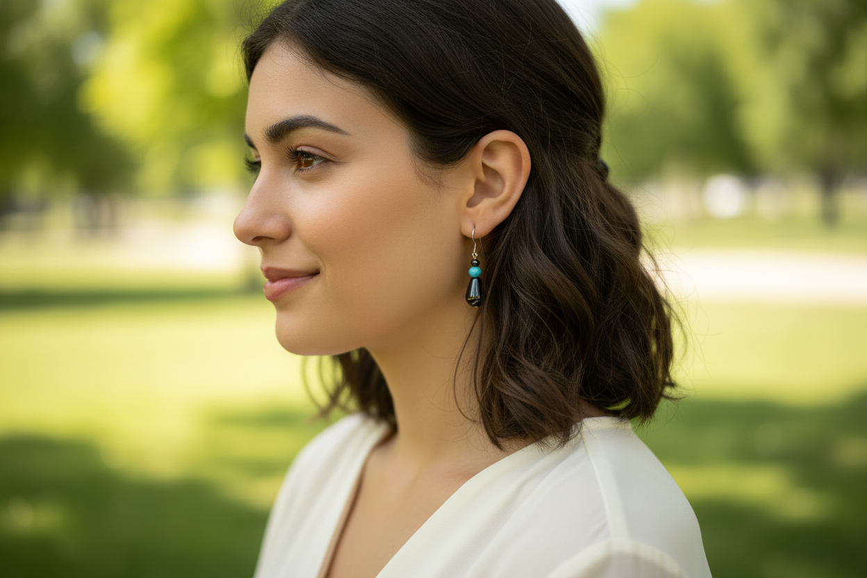 Woman with a side ponytail and earrings standing in a park