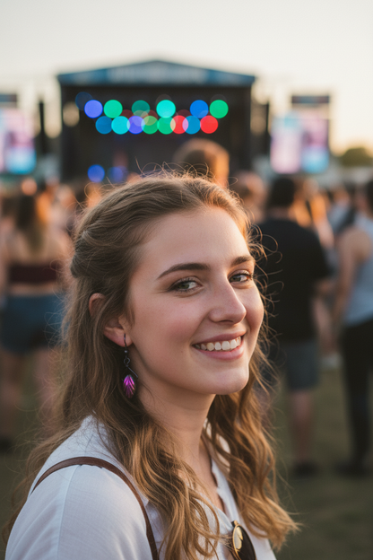 Pair of earrings with pink and purple leaf-shaped stones on a white background