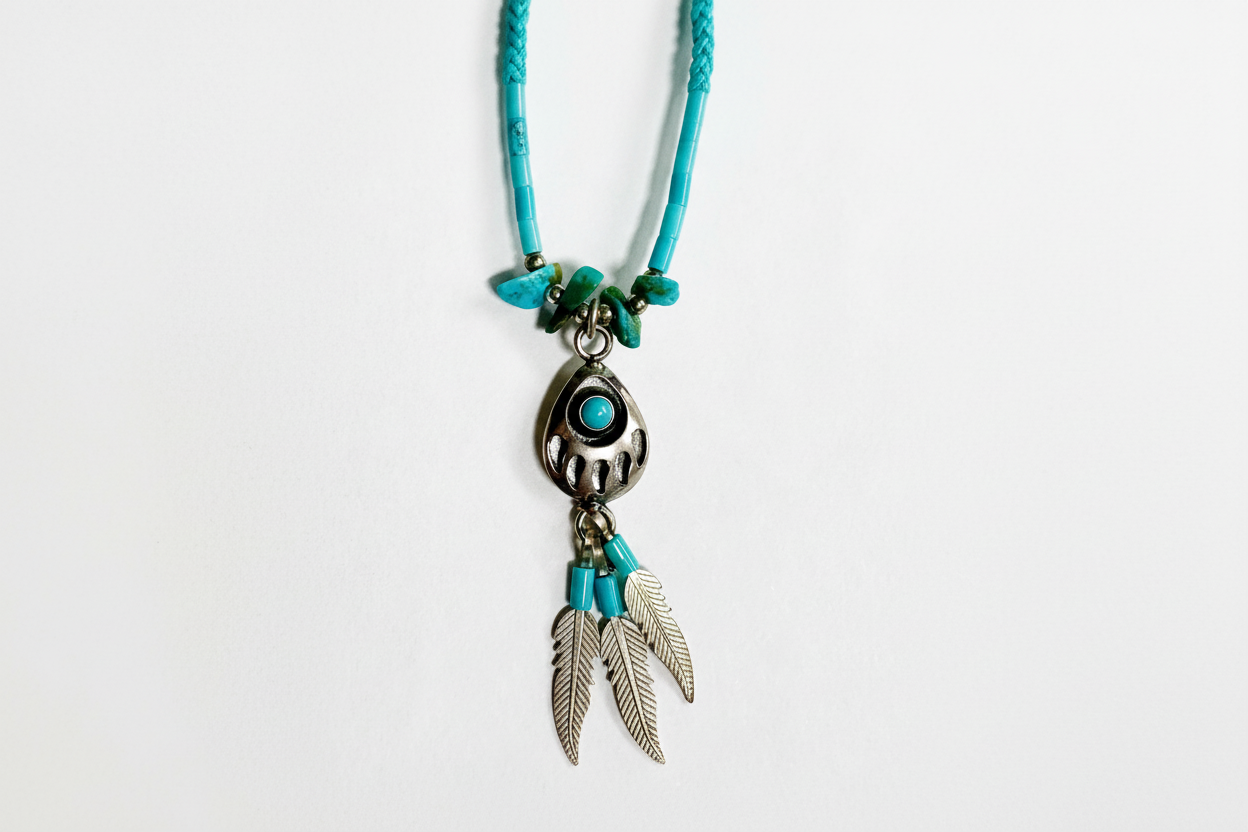 Necklace with turquoise beads and silver feather pendants on a light gray background