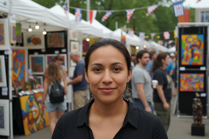 Woman standing in front of art booths at an outdoor event