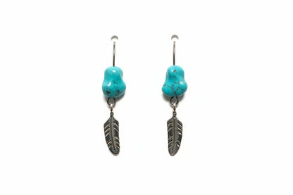 Two turquoise feather-shaped earrings on a white card with a blurred background.