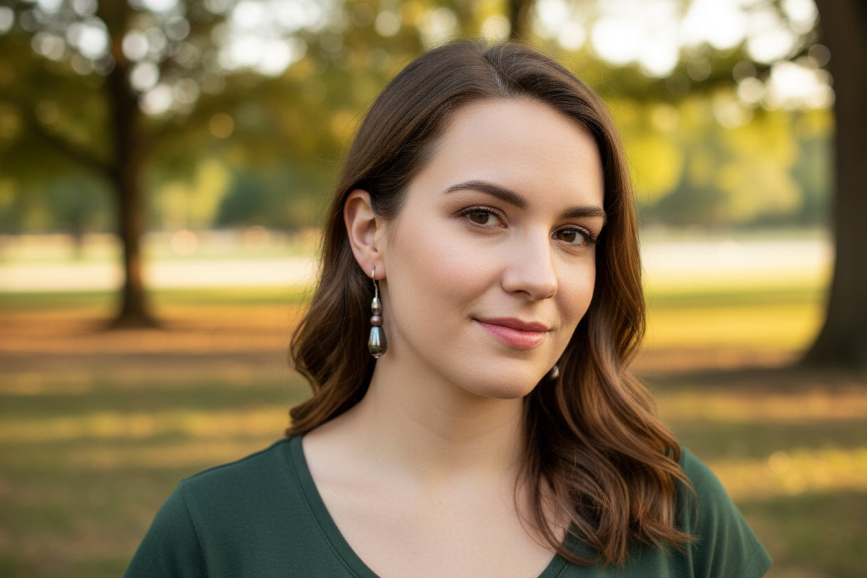 Woman with brown hair and earrings standing in a park