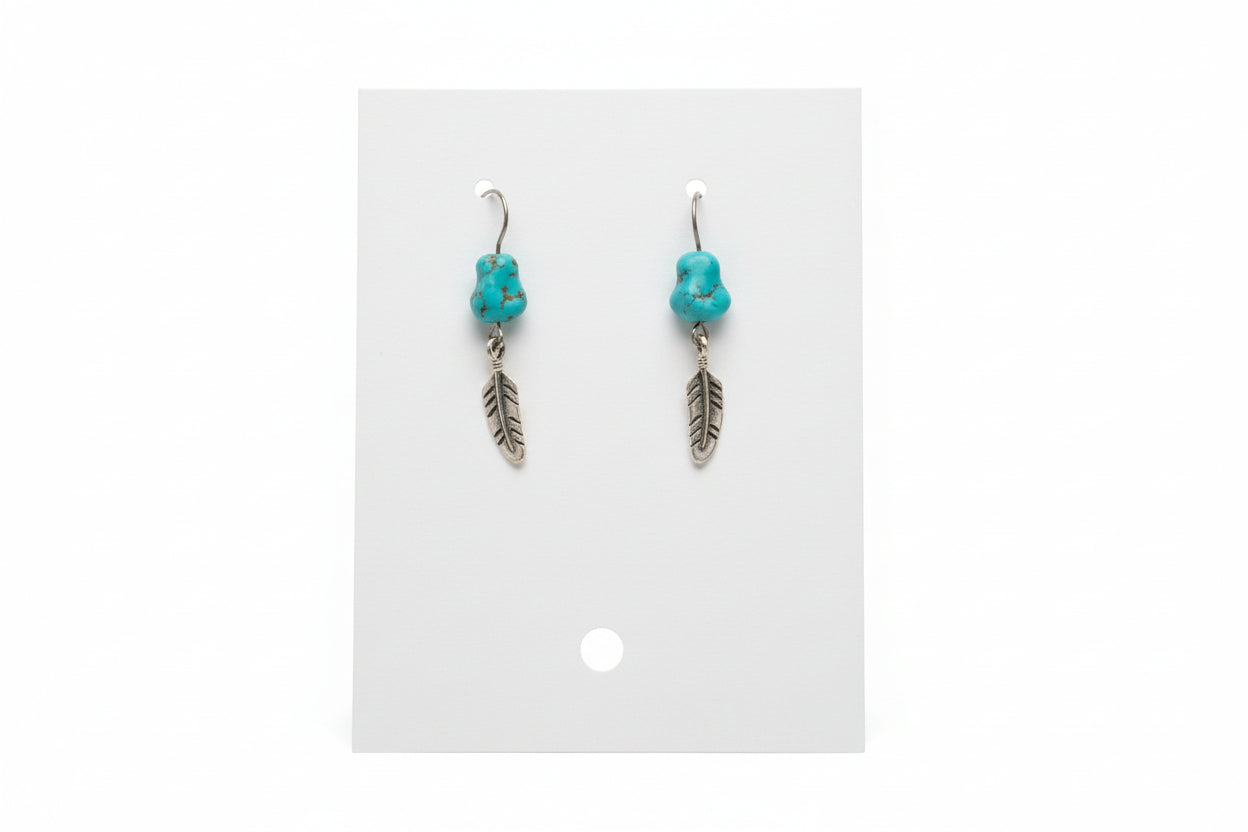 Pair of earrings with turquoise beads and feather designs on a white card.