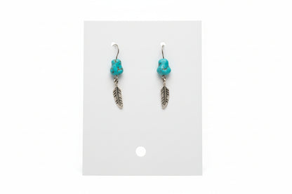 Pair of earrings with turquoise beads and feather designs on a white card.