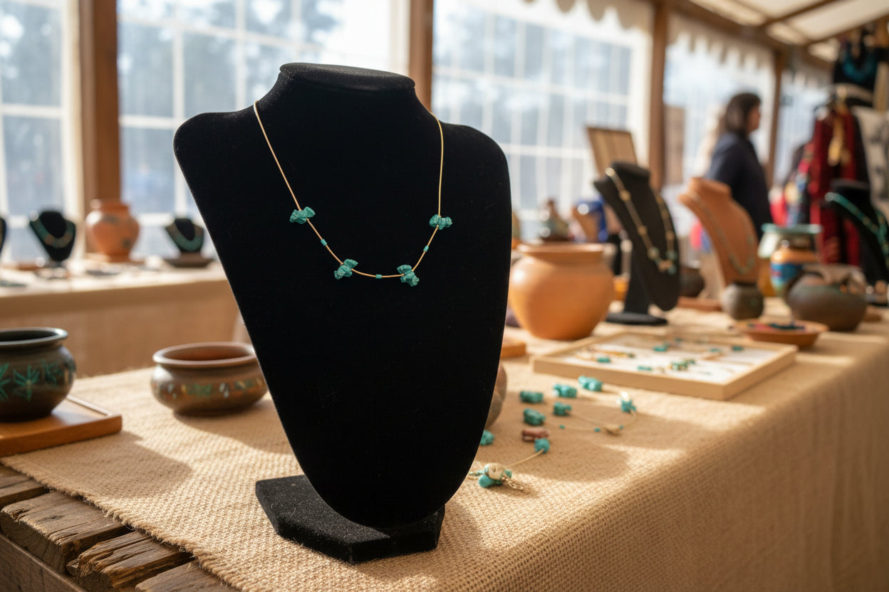Necklace with turquoise floral pendants on a black mannequin bust.