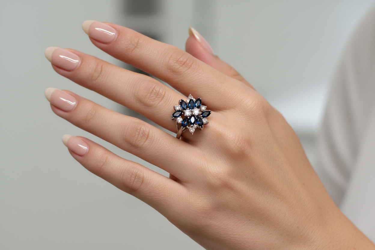 Hand wearing a ring with blue gemstones on a neutral background