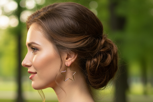Woman in a dark blue dress holding a glass of champagne with blurred lights in the background
