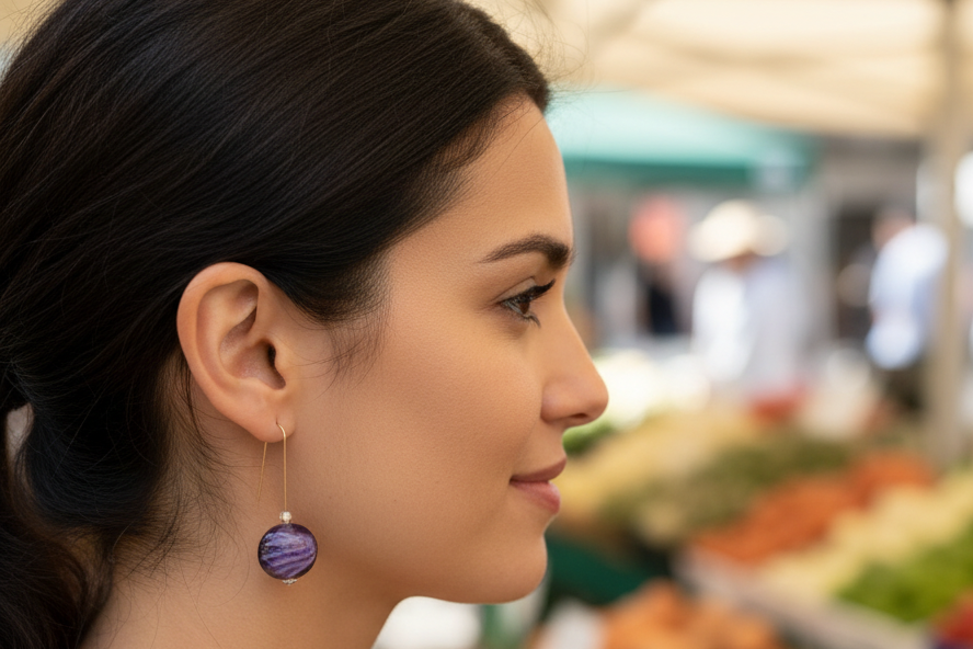 Purple glass earrings on a Woman looking at a market