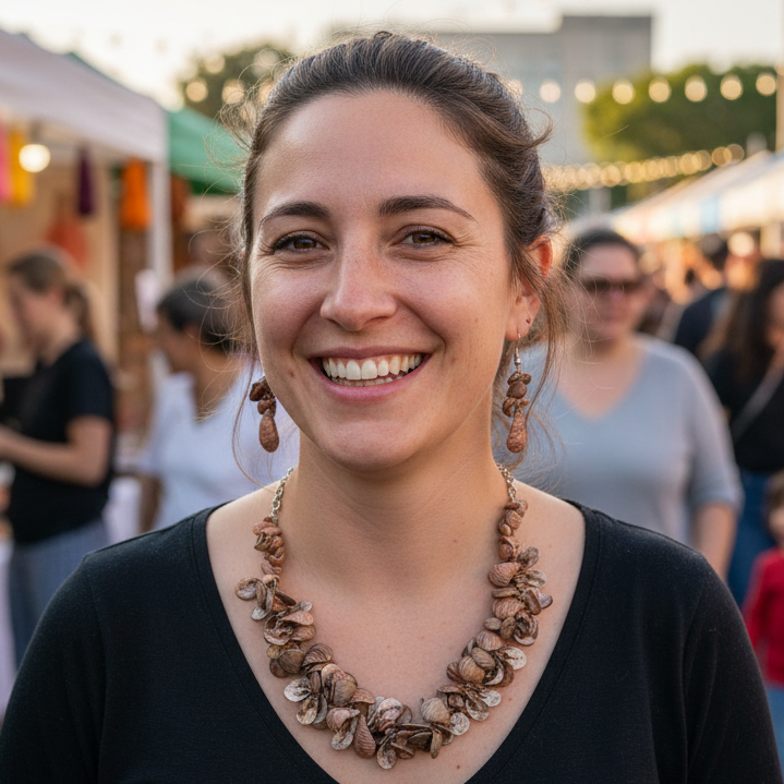 Woman smiling at an outdoor market with people and stalls in the background