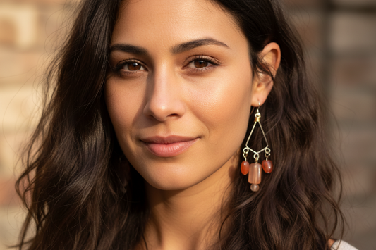 Pair of earrings with pink and orange beads on a gray background