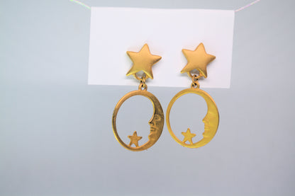 Celestial Gold Moon face with stars Earrings