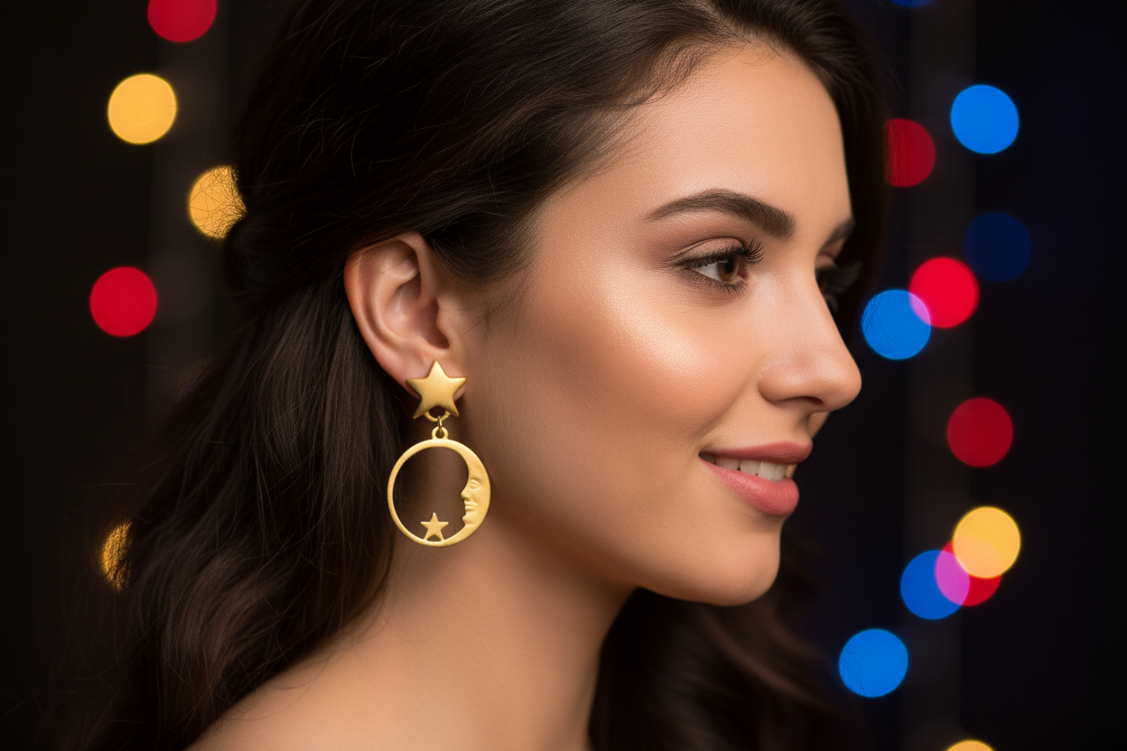 Gold earrings with star and moon designs on a white card against a light gray background