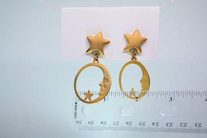 Celestial Gold Moon face with stars Earrings