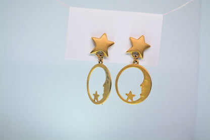 Celestial Gold Moon face with stars Earrings