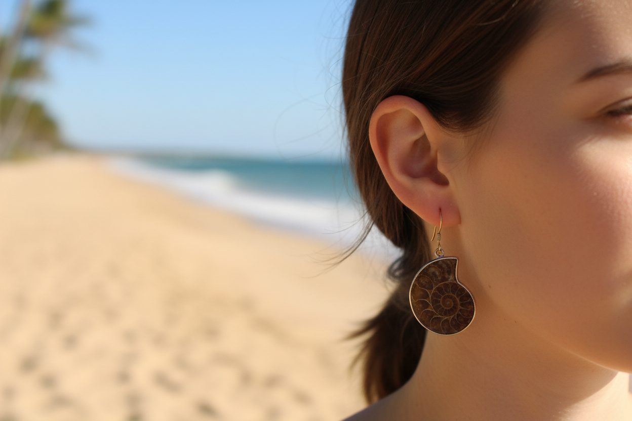 Ammonite fossil earrings on a thin string against a light background