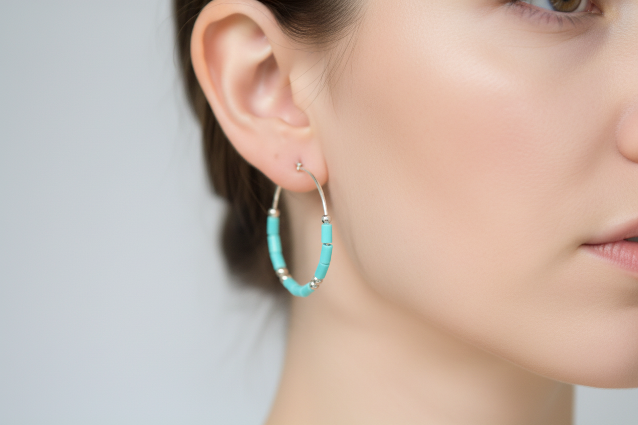 Turquoise beaded hoop earrings on a light gray background