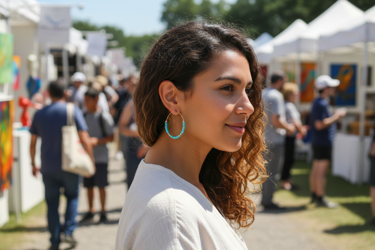 Pair of turquoise beaded hoop earrings on a light gray background