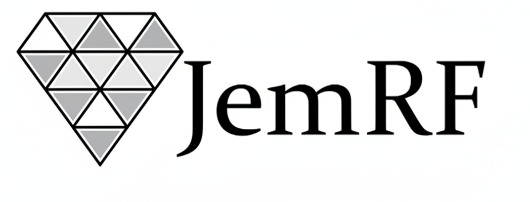 Logo of JemRF with a geometric design on a white background