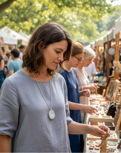 Woman shopping at an outdoor market with various stalls and people in the background.