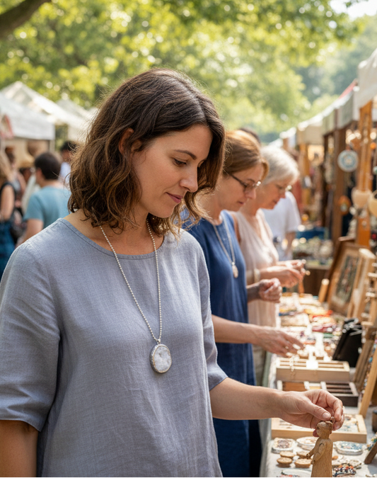 Woman shopping at an outdoor market with various stalls and people in the background.