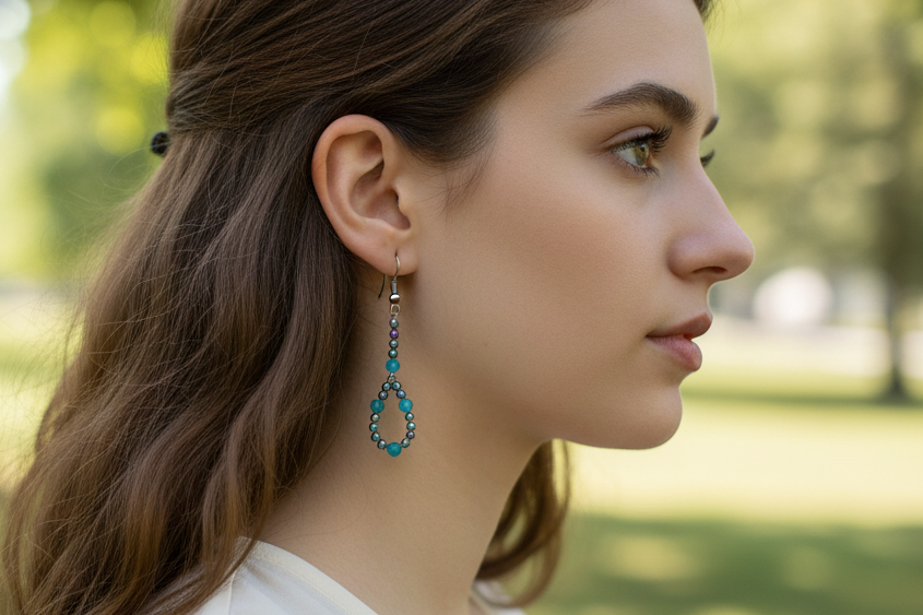 Woman wearing earrings with a blurred park background