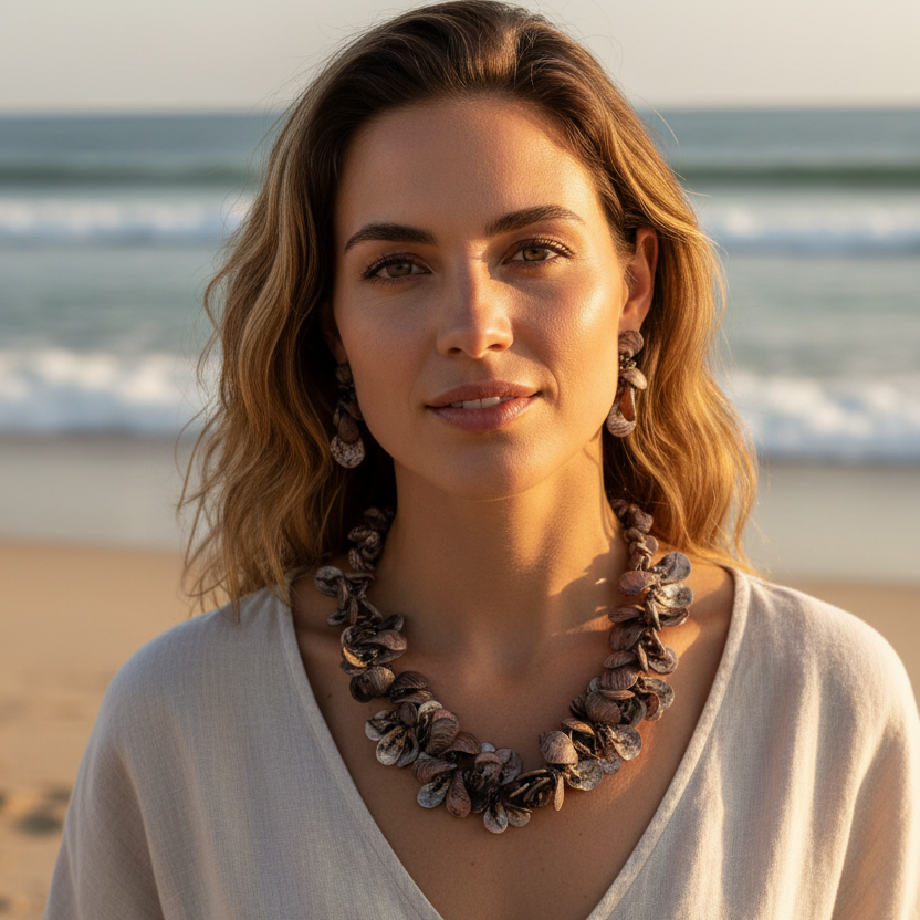 Woman wearing a necklace on a beach