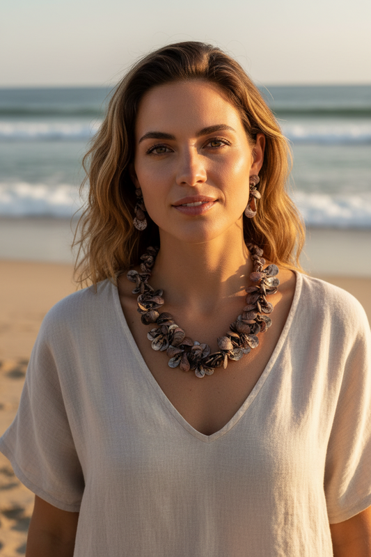 Woman wearing a necklace on a beach