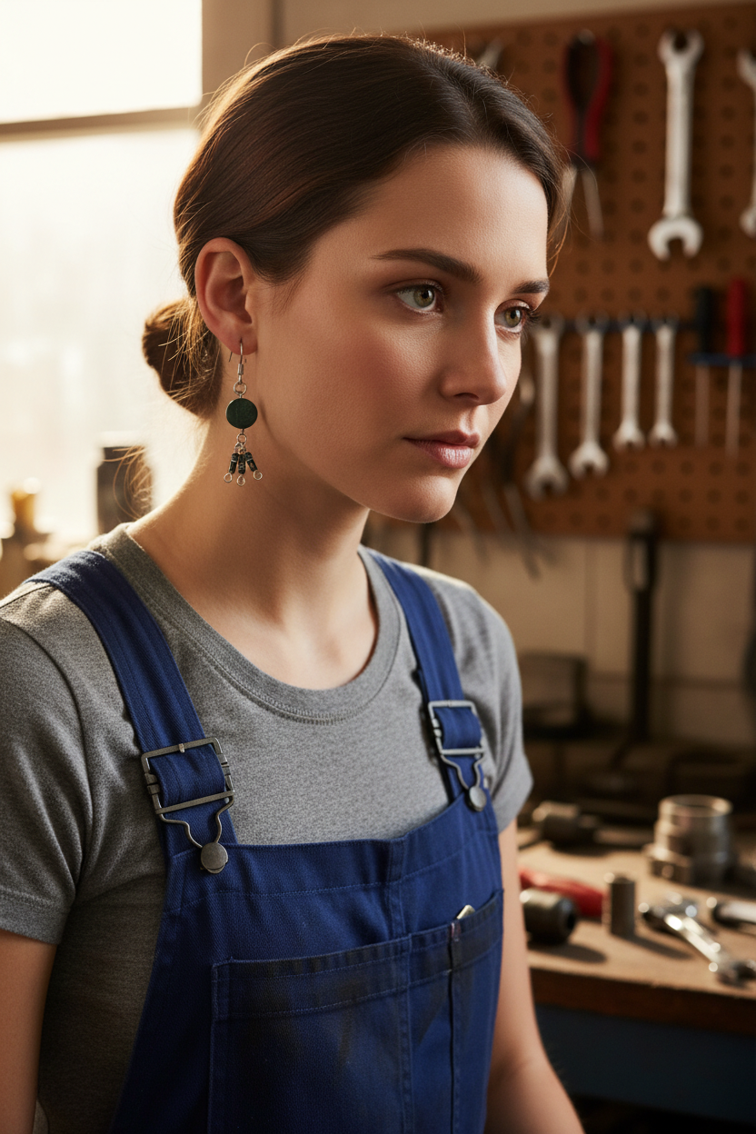 A pair of upcycled vintage radio part earrings displayed next to a ruler for scale.