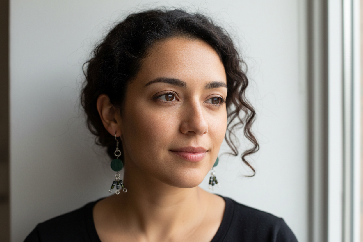 A pair of upcycled vintage radio part earrings displayed next to a ruler for scale.